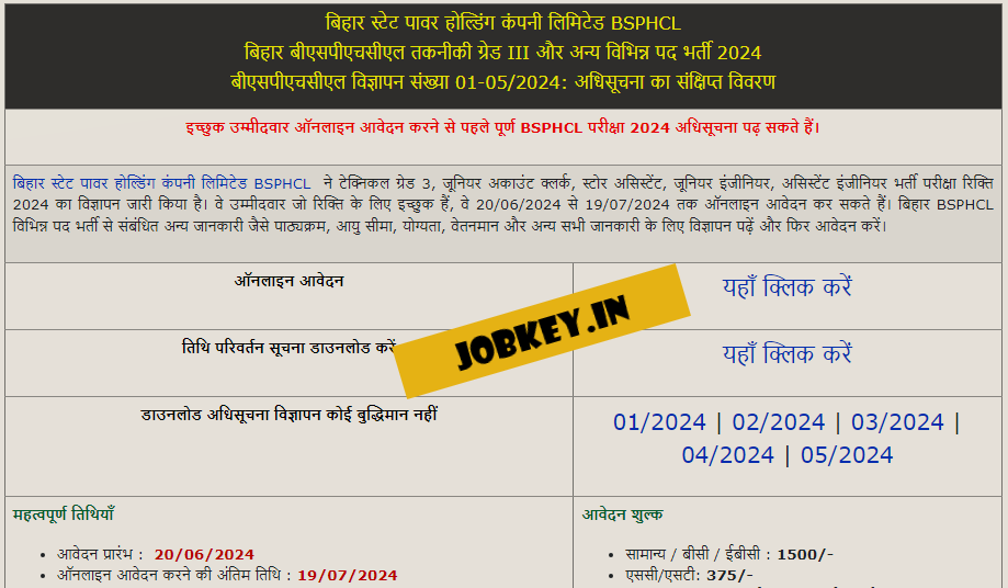 Bihar BSPHCL Various Post Online Form 2024 (jobkey)